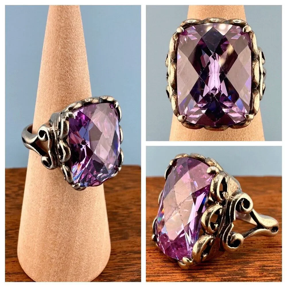 Vintage Sterling Silver Purple Stone Ring Simulated Spinel Large Faceted 6.5